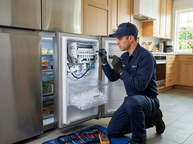 Appliance Repair Hero technician repairing a refrigerator ice maker in Barclay, MD