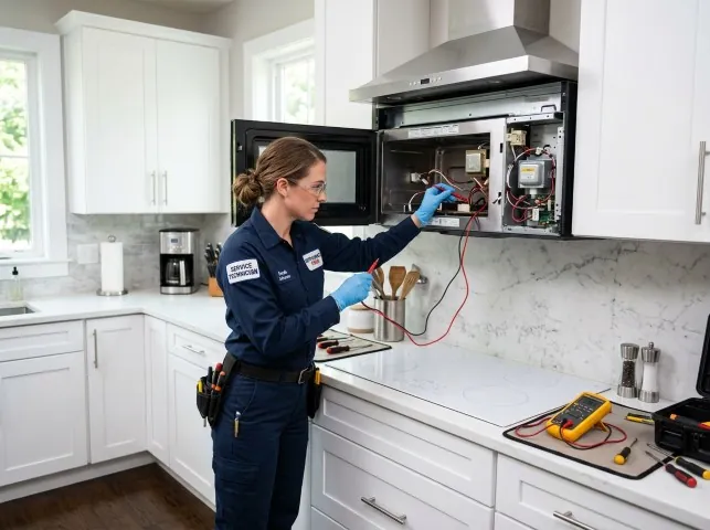 Appliance Repair Hero technician testing an over-the-range microwave in a Barclay, MD kitchen