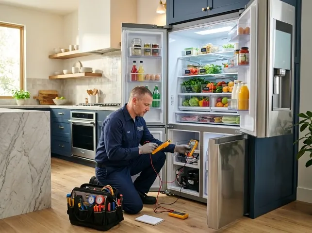 Appliance Repair Hero refrigerator technician testing a fridge on a Barclay, MD service call