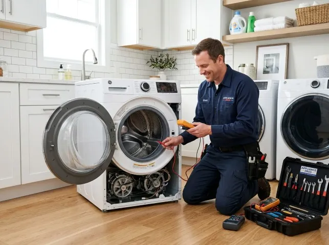 Appliance Repair Hero technician testing a front-load washer with a multimeter on a Barclay, MD service call